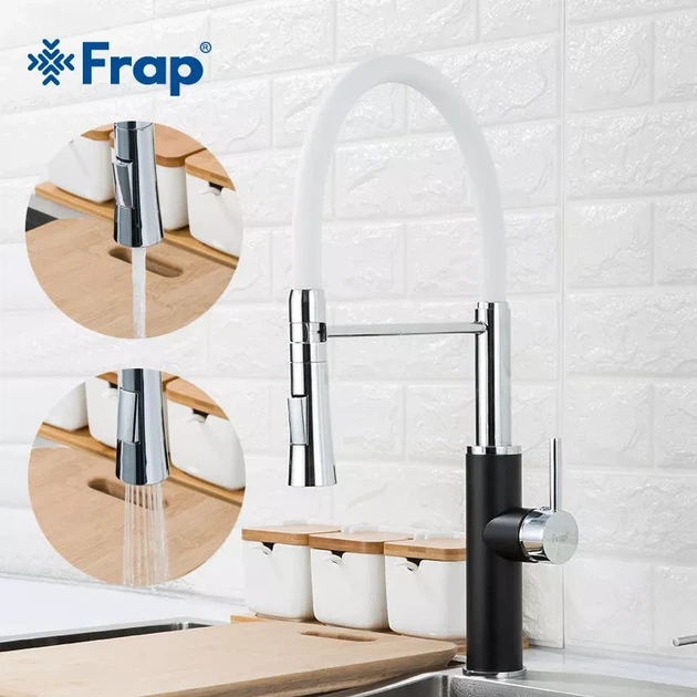 Змішувач для кухні Frap F4452-7 з гнучким виливом, 2 режими, чорно/білий - изображение 3