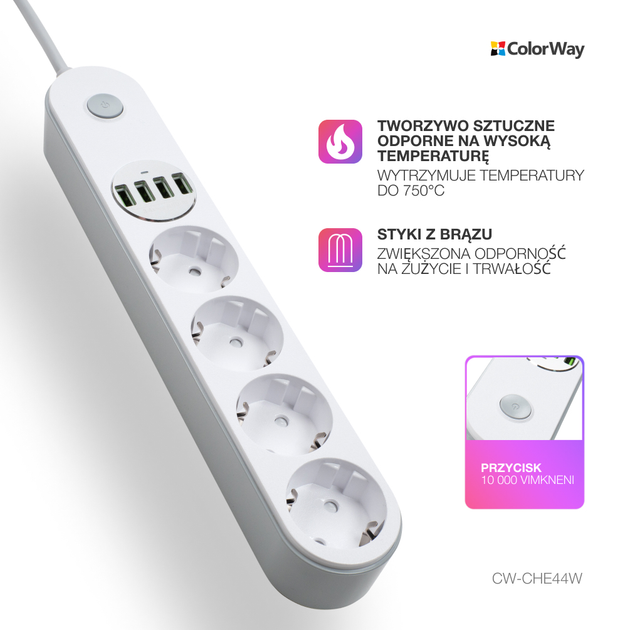 Listwa zasilająca ColorWay 4 gniazda 4 USB 2 m White (CW-CHE44W) - obraz 9