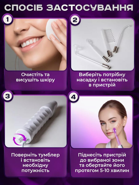 Дарсонваль набор з 4 насадками косметологический аппарат для уходом за кожей и волосами (6928470962106) - изображение 3