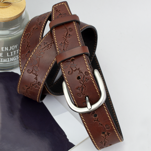 Ремень кожаный женский с цветами коричневый SF-3531 brown (125 см) - изображение 3