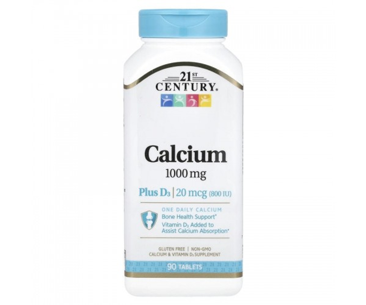 Кальций с витамином D3, 21st Century "Calcium Plus D3" 1000 мг, 800 МЕ ...