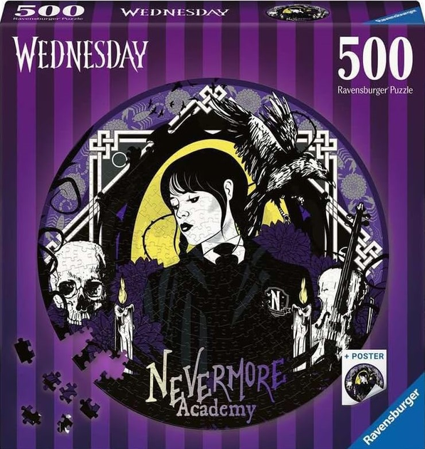 Puzzle Ravensburger Wednesday Akademia Nevermore 52 x 52 cm 500 elementów z plakatem (4005556175734) - obraz 1