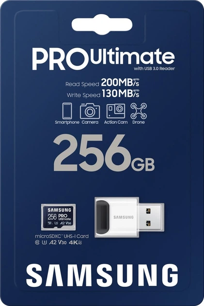 Карта памяти Samsung PRO Ultimate microSDXC 256GB UHS-I U3 V30 A2 + адаптер USB (MB-MY256SB/WW) - изображение 6