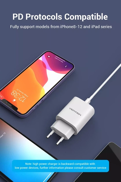 Сетевое зарядное устройство с поддержкой быстрой зарядки Vention USB-Type C 20W PD White (TC-055-EU-W) - изображение 6