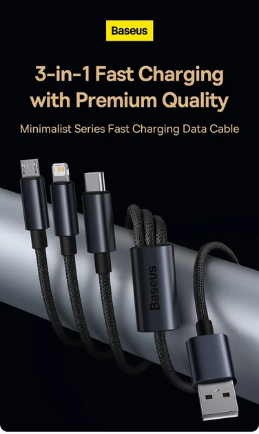 Кабель зарядный Baseus 3-in-1 MicroUSB/Lightning/Type-C Black 1.2 м (CAJY010601) - Фото 2 Кабель зарядный Baseus 3-in-1 MicroUSB/Lightning/Type-C Black 1.2 м (CAJY010601) - изображение 2