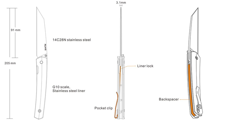 Ніж складний кишеньковий, туристичний замок Liner Lock Ruike P865-B Black 205 мм - зображення 2