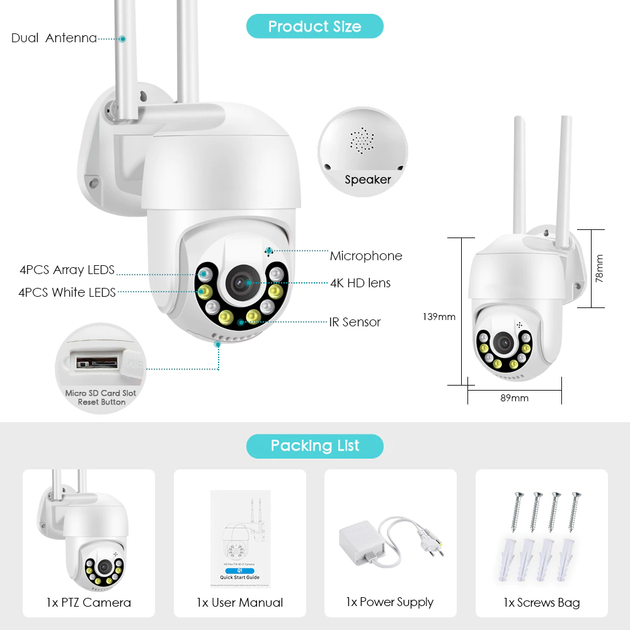 Камера відеоспостереження PTZ WiFi Outdoor Camera ICSEE 5MP ОРИГІНАЛ XPRO 30 чорний (MER-15337_1408) - изображение 8