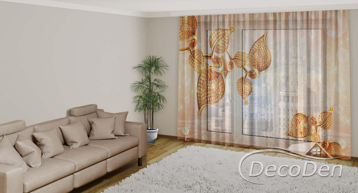 3D - Фото Тюль PHOTODECOR "Золоті листочки" - зображення 2