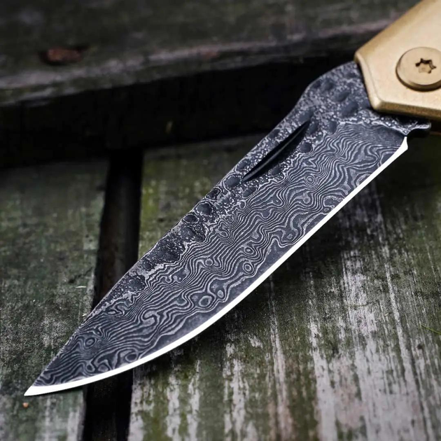 Ніж HX Outdoors Brass Folding Knife Damascus Grained Steel Gold - зображення 1