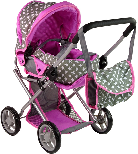 Wózek dla lalek LEAN Toys 2 w 1 Gondola Torba w gwiazdki Szaro-różowy (5905515354332) - obraz 5