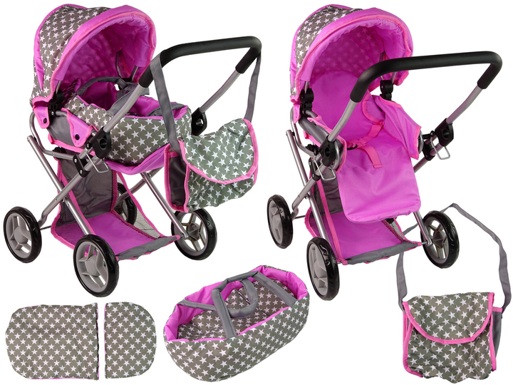 Wózek dla lalek LEAN Toys 2 w 1 Gondola Torba w gwiazdki Szaro-różowy (5905515354332) - obraz 6