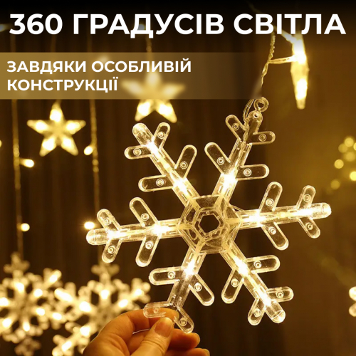 Гірлянда-штора Зірки та сніжинки розмір 3*1 м 12 фігур, жовтий(1733063Y)(WB) - изображение 3