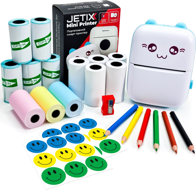 Детский портативный термопринтер Jetix Mini printer Blue с набором карандашей и термобумаги в комплекте (JMP-2-TPC1K) - изображение 1