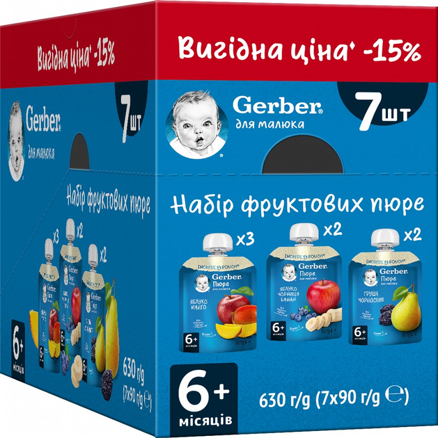 Набір фруктових пюре Gerber для дітей із 6 місяців 90 г х 7 шт (8445291467804) - зображення 2
