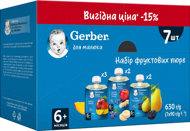 Набір фруктових пюре Gerber для дітей із 6 місяців 90 г х 7 шт (8445291467804) - зображення 3
