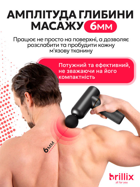 Перкуссионный массажер для массажа мышц и тела массажный пистолет ручной компактный портативный мышечный ударный вибрационный электромассажер Brillix черный - изображение 4
