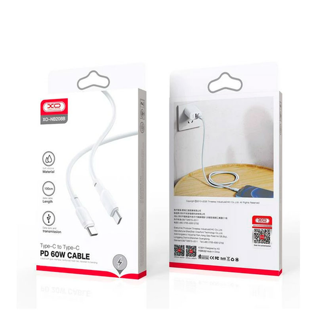 Кабель XO PD Type-C to Type-C NB208B Liquid Silicone 60W 1m White - Фото 2 Кабель XO PD Type-C to Type-C NB208B Liquid Silicone 60W 1m White - изображение 2
