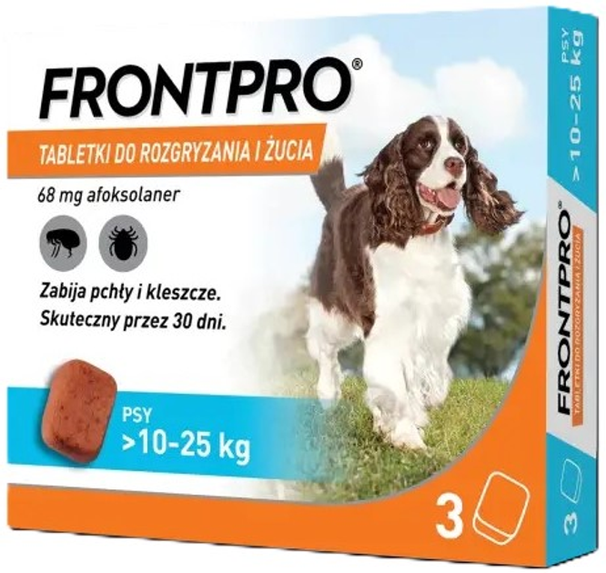 Tabletki na pchły i kleszcze Frontpro dla psów 10 - 25 kg 3 x 68 mg (4064951016998) - obraz 1