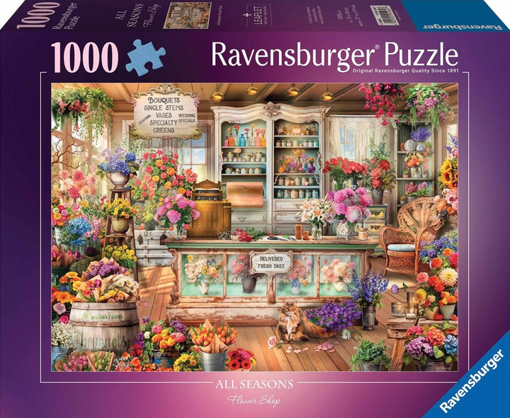 Puzzle Ravensburger Kot w kwiaciarni 70 x 50 cm 1000 elementów (4005555012627) - obraz 1