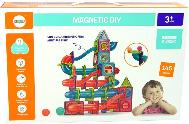 Klocki konstrukcyjne LEAN Toys Magnetic Diy 3D Zjeżdżalnia do piłek 145 elementów (5904204758321) - obraz 1