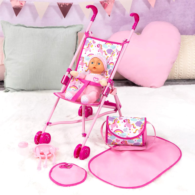 Lalka bobas z wózkiem Bayer Dolls Umbrella Stroller Różowa (4003336417890) - obraz 3
