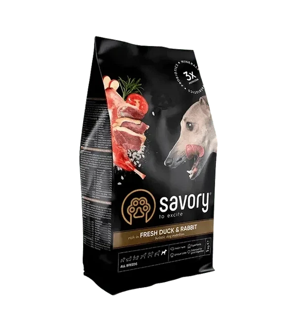 Сухий корм для дорослих собак всіх порід Savory Adult All Breeds rich in Fresh Duck and Rabbit 12 кг зі свіжим м'ясом качки і кролика 12 кг (30181) - Фото 1 Сухий корм для дорослих собак всіх порід Savory Adult All Breeds rich in Fresh Duck and Rabbit 12 кг зі свіжим м'ясом качки і кролика 12 кг (30181) - зображення 1