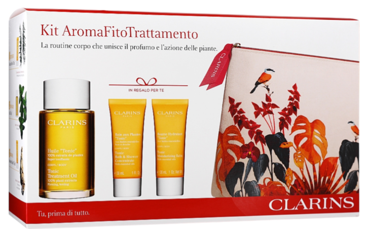 Zestaw kosmetyków do pielęgnacji Clarins Tonic Body Treatment Olejek do ciała 100 ml + Koncentrat do kąpieli 30 ml + balsam do ciała + Kosmetyczka (3380810412901) - obraz 1