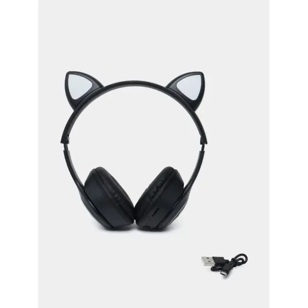 Беспроводные наушники с кошачьими ушками Cat MZ-023 RGB подсветкой FM радио Чёрные - изображение 3