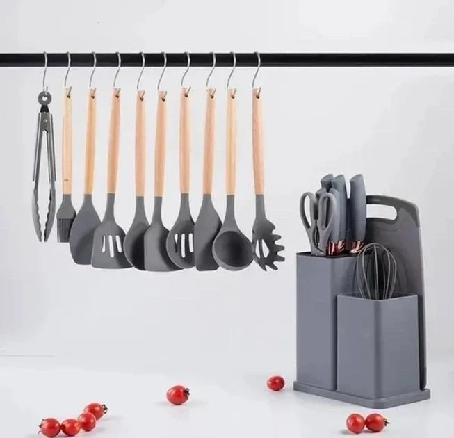Набір кухонного приладдя на підставці TS Kitchen 19 штук із силікону з бамбуковою ручкою Сірий - Фото 5 Набір кухонного приладдя на підставці TS Kitchen 19 штук із силікону з бамбуковою ручкою Сірий - зображення 5
