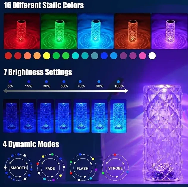 Настільна акумуляторна лампа з пультом 22см нічник Троянда з пультом RGB Crystal Rose. - зображення 2