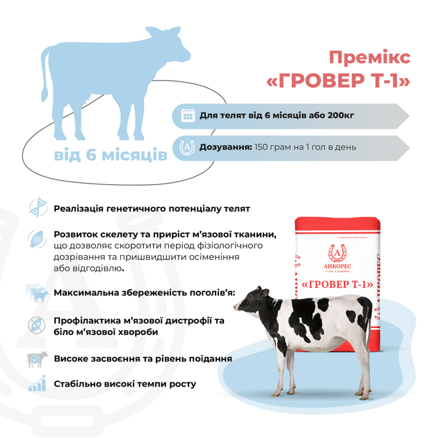 Премікс для молодняка ВРХ від 6 місяців «ГРОВЕР Т-1» Ankores (25кг) - 25 кг - зображення 2