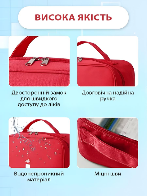 Аптечка органайзер домашня для ліків дорожня сумка медична VMHouse компактна переносна для зберігання бадів контейнер поліестер червоний (0073-0002) - зображення 6