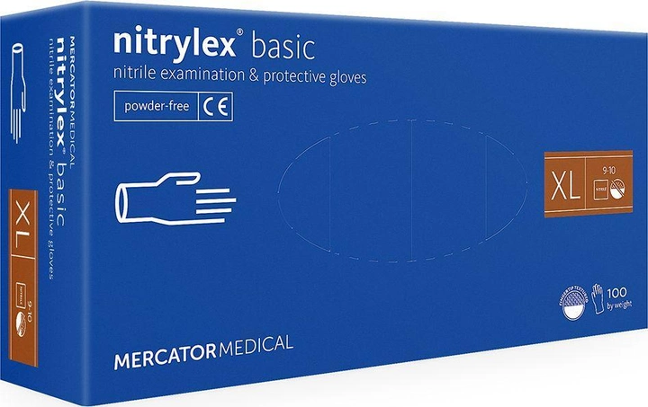 Перчатки нитриловые Mercator Medical Nitrylex Basic неопудренные размер ХL 100 шт - 50 пар Синие (3.1008) - изображение 1
