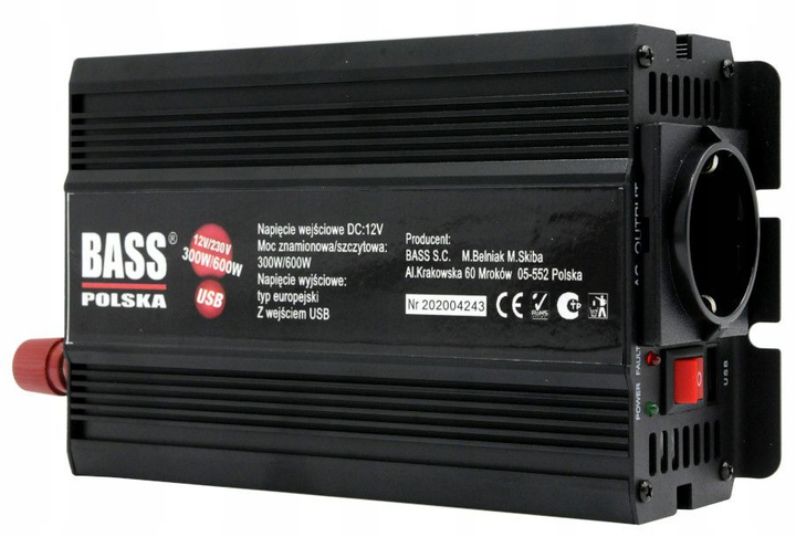 Przetwornica napięcia samochodowa Bass Polska 600 W 12 V pełny sinus (5902067616611) - obraz 1