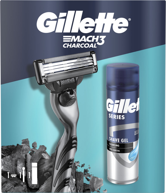 Подарунковий набір Gillette Mach3 Станок для гоління чоловічий Charcoal з 1 змінним картриджем + Гель для гоління 200 мл (8700216566469) - зображення 2