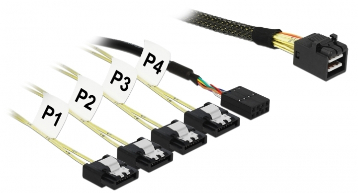 Kabel Delock Mini SAS HD SFF-8643 - 4 x SATA 7 Pin + Sideband 1 m  (4043619857326) - obraz 1