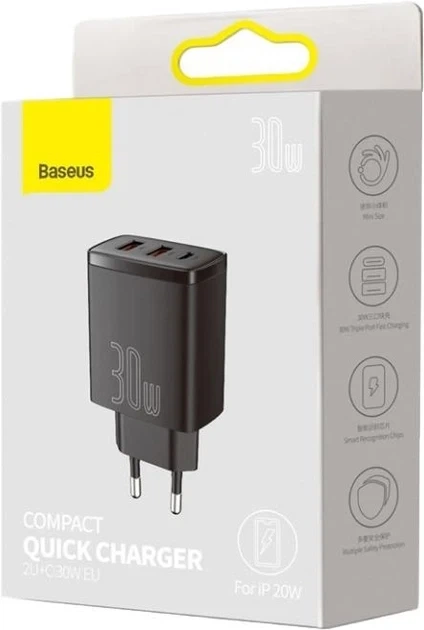 Мережевий зарядний пристрій Baseus Compact Quick Charger 2U+C 30 W EU Black (CCXJ-E01) - зображення 3