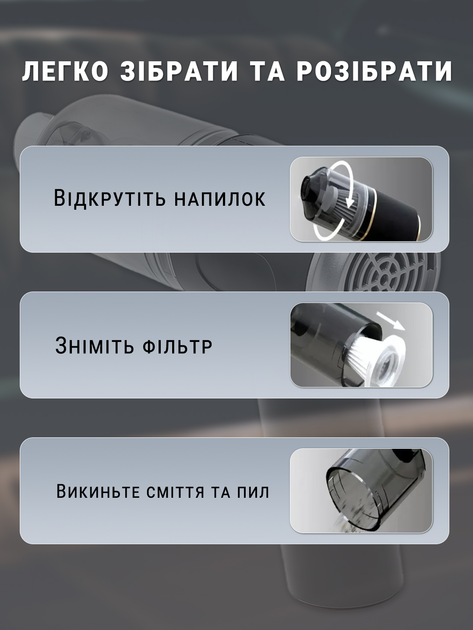 Автомобільний пилосос Andowl Q-T147 бездротовий USB 120 Вт 9000pa Білий (Q-T147a) - зображення 6