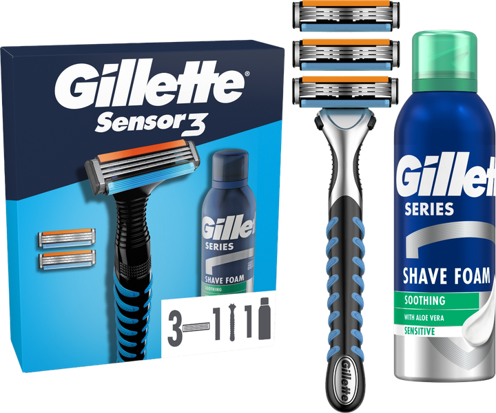 Zestaw do golenia Gillette Maszynka Sensor3 + 3 wymienne ostrza + Pianka do golenia 200 ml (8700216075251) - obraz 1