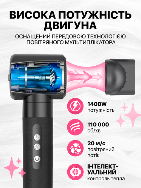 Стайлер фен щітка мультистайлер для укладки волосся завивки випрямлення багатофункціональний професійний прилад з насадками 7 в 1 датчиками контролю температури укладання вдома стайлери фени для локонів чорний - зображення 9