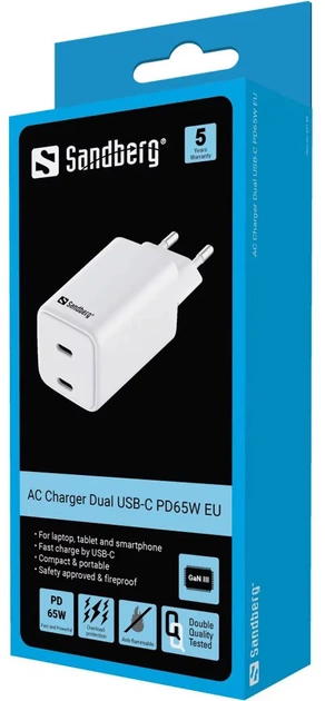 Ładowarka Sandberg 2x USB-C 65W GaN III White (441-56) - obraz 2