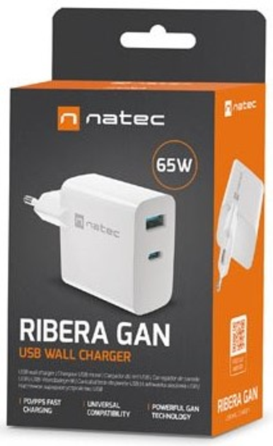 Ładowarka sieciowa NATEC Ribera GaN USB-A + USB-C 65 W NUC-2144 White (5901969444254) - obraz 3