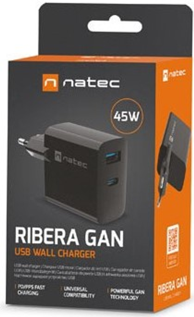 Ładowarka sieciowa NATEC Ribera GaN USB-A + USB-C 45 W NUC-2143 Black (5901969444247) - obraz 3