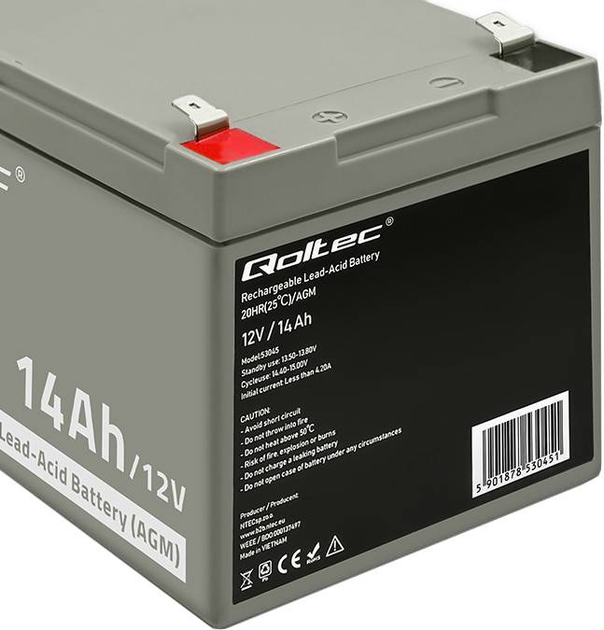 Akumulator Qoltec AGM 12V 14Ah max. 210A 53045 (5901878530451) - obraz 2