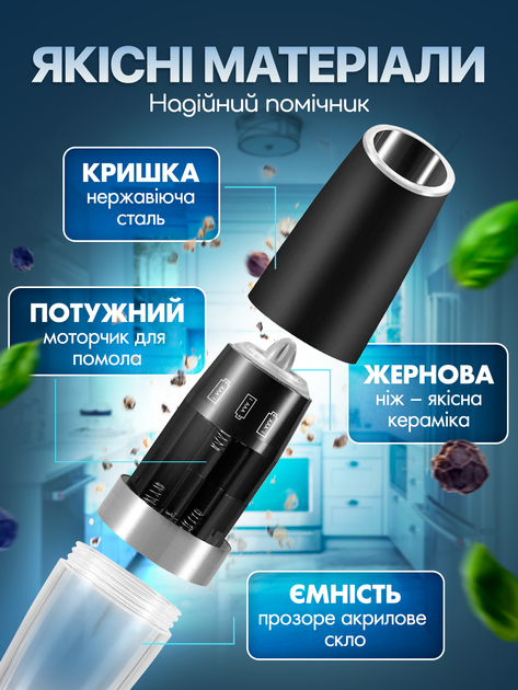 Мельница для перца соли специй набор из 2 предметов электромельница на батарейках автоматическая электроперечница с подсветкой Черный (SPM-12/Black) - Фото 9 Мельница для перца соли специй набор из 2 предметов электромельница на батарейках автоматическая электроперечница с подсветкой Черный (SPM-12/Black) - изображение 9
