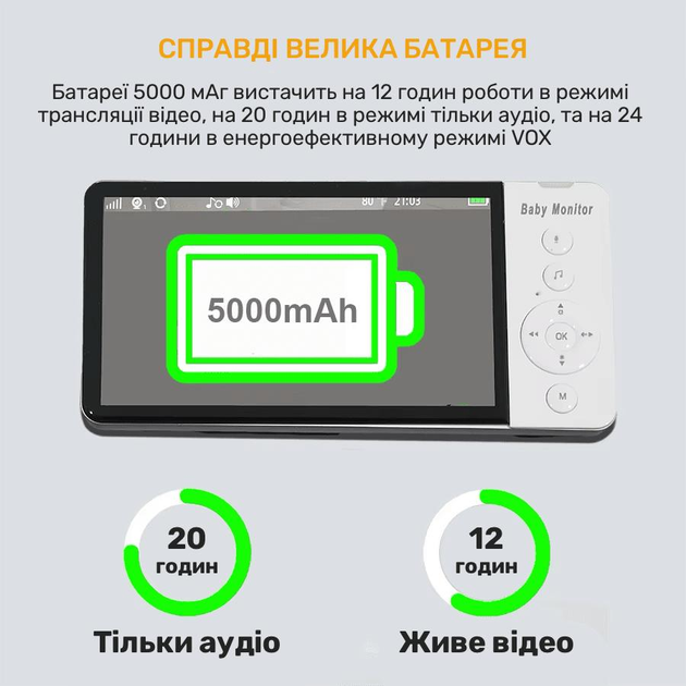 Видеоняня Baby Monitor с 5-дюймовым IPS экраном и аккумулятором 5000 mAh ABM-700 - изображение 5