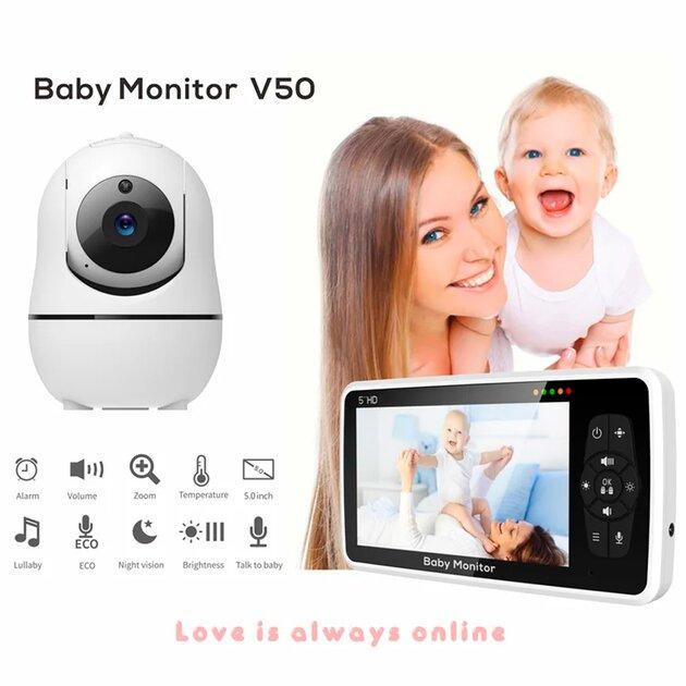 Видеоняня Baby Monitor SM-50 с 5-дюймовым LCD монитором, датчиком звука, ночное виденье, беспроводная, поворотная радионяня с портативным дисплеем и измерением температуры - изображение 2
