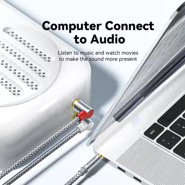 Аудиокабель ESSAGER jack 3.5мм 2RCA угловые (папа-папа) 3метра - изображение 6