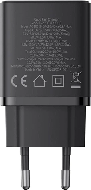 Ładowarka sieciowa Baseus Cube Fast Charger Type-C+USB 30W Cluster Black EU (P10111404113-00) - obraz 6