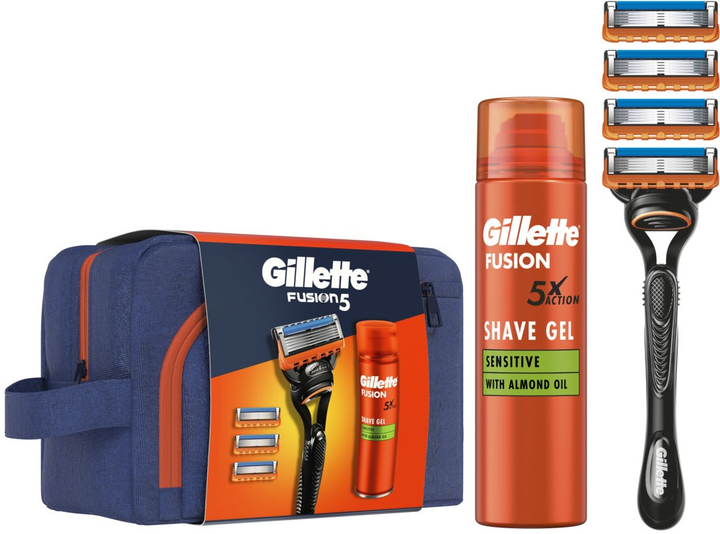 Zestaw upominkowy Gillette Fusion5 Maszynka do golenia dla mężczyzn z 4 wymiennymi wkładami + Żel do golenia 200 ml + Kosmetyczka (8700216534246) - obraz 1